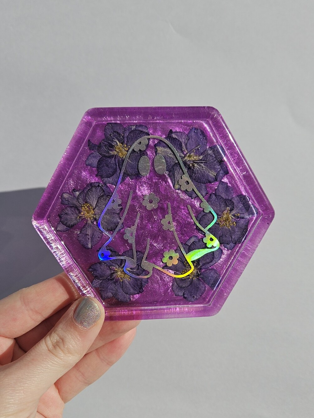 Handmade Purple Hexagon Resin Coaster with Holographic Ghost Design Whimsigoth